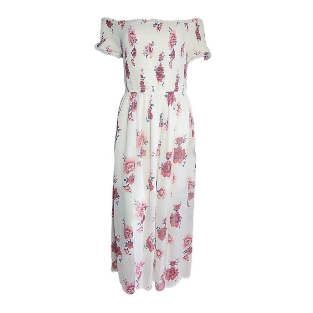 Love Fire Dress Womens XL White Red Floral‎ Short Sleeve Smocked Chiffon Lined